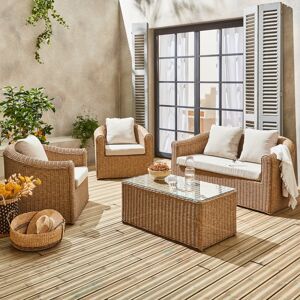 sweeek Salon de jardin en resine tressee arrondie 4 places - Valentino Naturel - Coussins beiges. canape fauteuils table basse - Naturel