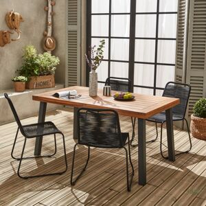 sweeek Table interieur / exterieur Santana en bois et metal. 150cm + 4 chaises en corde BRASILIA noires. empilables - Noir