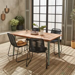 sweeek Table de jardin MARINGA bois et metal kaki 150cm + 4 chaises de jardin en corde noire BRASILIA. empilables - Kaki