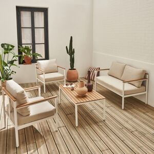 sweeek Salon de jardin 4 places ARNEDO structure blanche coussins beiges. aluminium et bois d'acacia - Blanc - Publicité