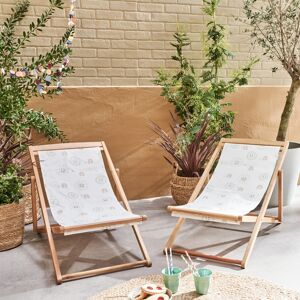 sweeek Lot de 2 chiliennes pour enfant en bois d'eucalyptus . tissu blanc avec motif soleil. salon de jardin enfant -