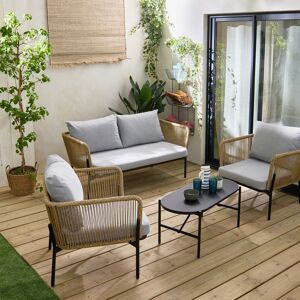sweeek Salon de jardin resine effet corde. 4 places. structure acier. 1 canape. 2 fauteuil et 1 table basse - Gris