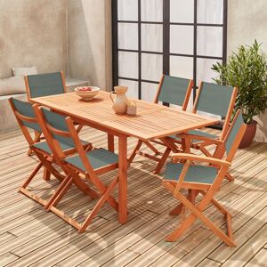 sweeek Salon de jardin savane extensible - Almeria - Table 120/180cm avec rallonge. 2 fauteuils et 4 chaises. en bois d'Eucalyptus huile et textilene kaki - Kaki