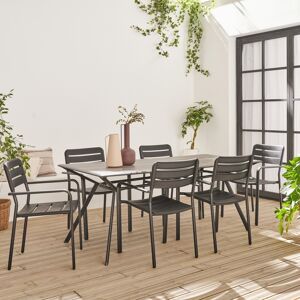 sweeek Table de jardin plateau effet bois structure acier 180 cm avec 6 chaises en acier incluses - Bois fonce