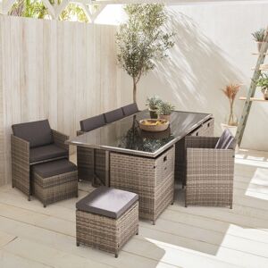 sweeek Table de jardin 8-12 places nuances de gris. coussins gris chine. table encastrable + Housse de protection gris fonce polyester - Nuances de gris