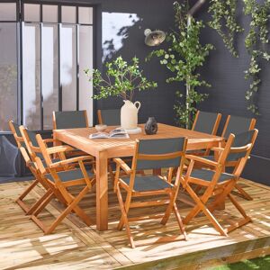 sweeek Table de jardin carrée. en bois d'eucalyptus . avec trou de parasol + 8 fauteuils pliables anthracite - Anthracite - Publicité