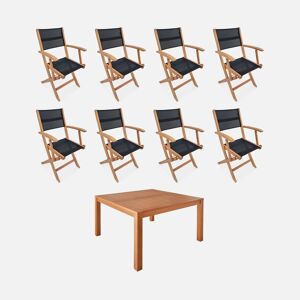 sweeek Table de jardin carrée. en bois d'eucalyptus . avec trou de parasol + 8 fauteuils pliables noir - Noir - Publicité