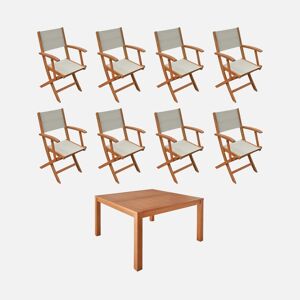 sweeek Table de jardin carrée. en bois d'eucalyptus . avec trou de parasol + 8 fauteuils pliables gris taupe - Gris taupe - Publicité