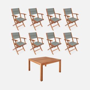 sweeek Table de jardin carree. en bois d'eucalyptus . avec trou de parasol + 8 fauteuils pliables kaki - Kaki