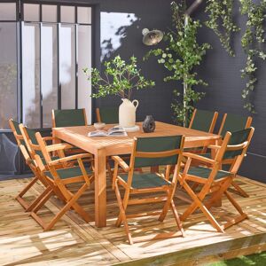sweeek Table de jardin carrée. en bois d'eucalyptus . avec trou de parasol + 8 fauteuils pliables kaki - Kaki - Publicité