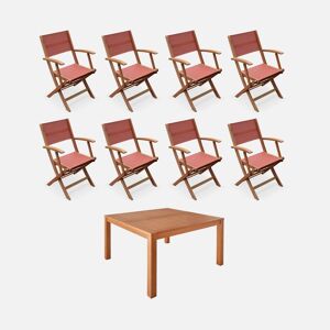 sweeek Table de jardin carree. en bois d'eucalyptus . avec trou de parasol + 8 fauteuils pliables terracotta - Terracotta