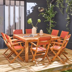 sweeek Table de jardin carrée. en bois d'eucalyptus . avec trou de parasol + 8 fauteuils pliables terracotta - Terracotta - Publicité