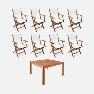 sweeek Table de jardin carrée. en bois d'eucalyptus . avec trou de parasol + 8 fauteuils pliables blanc - Blanc - Publicité