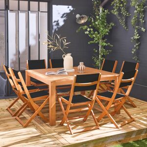 sweeek Table de jardin carrée. en bois d'eucalyptus . avec trou de parasol + 8 chaises pliables noir - Noir - Publicité