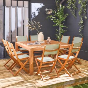 sweeek Table de jardin carrée. en bois d'eucalyptus . avec trou de parasol + 8 chaises pliables gris taupe - Gris taupe - Publicité