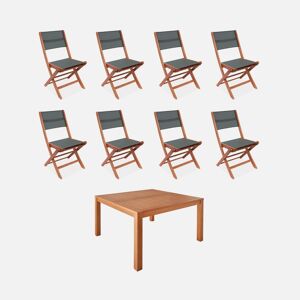 sweeek Table de jardin carrée. en bois d'eucalyptus . avec trou de parasol + 8 chaises pliables savane - Kaki - Publicité