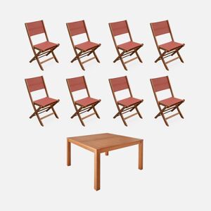 sweeek Table de jardin carrée. en bois d'eucalyptus . avec trou de parasol + 8 chaises pliables terracotta - Terracotta - Publicité