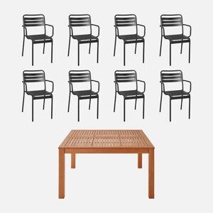 sweeek Table de jardin carrée. en bois d'eucalyptus . avec trou de parasol 140 x 140cm + 8 fauteuils en acier anthracite - Bois - Publicité