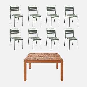 sweeek Table de jardin carrée. en bois d'eucalyptus . avec trou de parasol 140 x 140cm + 8 chaises en acier savane - Kaki - Publicité