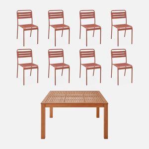 sweeek Table de jardin carrée. en bois d'eucalyptus . avec trou de parasol 140 x 140cm + 8 chaises en acier terracotta - Terracotta - Publicité