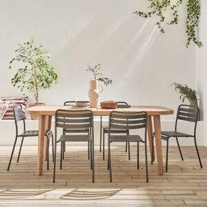 sweeek Table de jardin en bois d'eucalyptus . interieur / exterieur + 6 chaises en metal anthracite - Anthracite