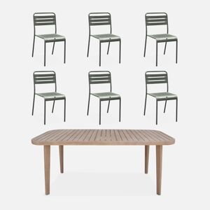 sweeek Table de jardin en bois d'eucalyptus . interieur / exterieur + 6 chaises en metal kaki - Kaki