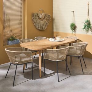 sweeek Table de jardin en bois d'eucalyptus . interieur / exterieur + 6 fauteuils en corde beige et metal - Beige