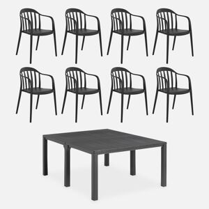 sweeek Table de jardin rectangulaire 3 en 1 en resine de synthese graphite + 8 fauteuils empilables - Graphite
