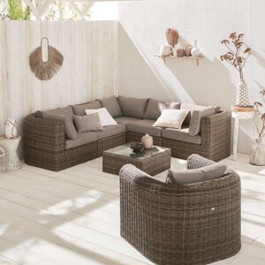 sweeek Salon de jardin en resine tressee arrondie - Tonico - Aspect Rotin. Coussins beige fonce chine - 6 places. 3 tailles de resine arrondie - Bois