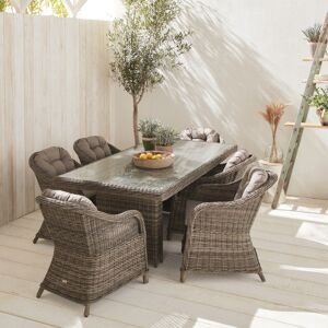 sweeek Table de jardin en resine tressee arrondie - Lecco Gris - Coussins beige - 6 places - 6 fauteuils. une grande table - Gris