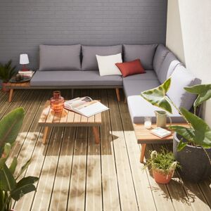 sweeek Salon de jardin en bois 5 places - Buenos Aires - Coussins gris. canape d'angle. tablettes laterales et table basse en acacia. structure alu. pietement scandinave. design - Gris