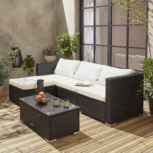 sweeek Salon de jardin en resine pour 4 personnes - Torino ? resine noir et coussins ecru - Noir