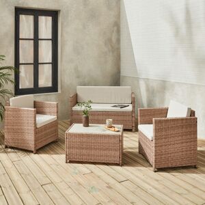 sweeek Salon de jardin en resine tressee - Perugia - Resine naturelle Coussins beiges - 4 places - 1 canape. 2 fauteuils. une table basse - Naturel