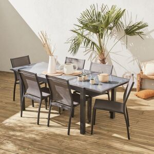 sweeek Salon de jardin table extensible - Orlando Gris taupe - Table en aluminium 150/210cm. plateau de verre. rallonge et 6 chaises en textilene - Gris
