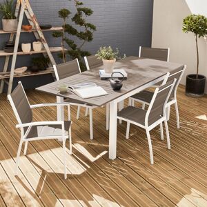 sweeek Salon de jardin table extensible - Chicago 210 Taupe - Table en aluminium 150/210cm avec rallonge et 6 assises en textilene - Blanc