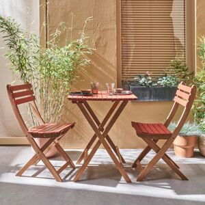 sweeek Table de jardin bistrot en bois 60x60cm - Barcelona Bois / Terracotta - pliante bicolore carree en acacia avec 2 chaises pliables - Terracotta