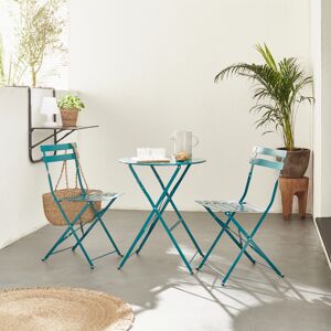 sweeek Salon de jardin bistrot pliable - Emilia rond bleu canard - Table ronde Ø60cm avec deux chaises pliantes. acier thermolaqué - Bleu canard - Publicité