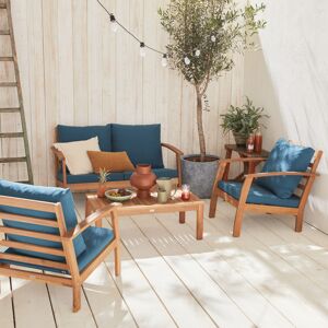 sweeek Salon de jardin en bois 4 places - Ushuaïa - Coussins bleu canard. canapé. fauteuils et table basse en acacia. design - Bois - Publicité