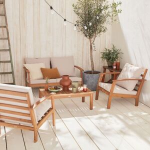sweeek Salon de jardin en bois 4 places - Ushuaïa - Coussins ecrus. canape. fauteuils et table basse en acacia. design - Bois