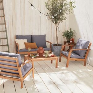 sweeek Salon de jardin en bois 4 places - Ushuaïa - Coussins Gris. canape. fauteuils et table basse en acacia. design - Bois