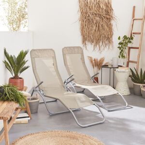 sweeek Lot de 2 bains de soleil pliants - Levito Taupe - Transats textilene 2 positions. chaises longues - Taupe