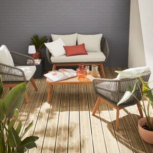 sweeek Salon de jardin 4 places – ROSARIO – en corde tressée. bois et aluminium. gris / coussins gris chiné - Gris - Publicité