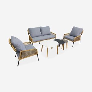 sweeek Salon de jardin bas 4 places KOMODO ? Ensemble canape 2 places et 2 fauteuils avec 3 tables gigognes. resine tressee effet rotin. coussins gris clair chine - Gris