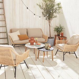 sweeek Salon de jardin bas 4 places KUTA ? Ensemble canape 2 places et 2 fauteuils avec 2 tables gigognes. resine tressee effet corde. coussins beiges - Beige