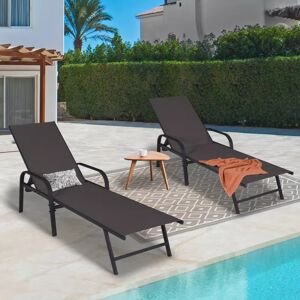 IDMarket Lot de 2 transats inclinables pour jardin en acier noir et toile grise