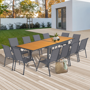 IDMarket Salon de jardin bois et gris anthracite avec table extensible et 12 chaises