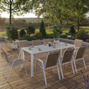 IDMarket Salon de jardin blanc et beige table 190cm et 8 chaises empilables