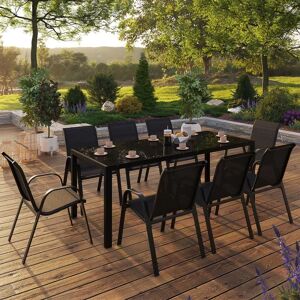 IDMarket Salon de jardin noir table 190cm et 8 chaises empilables