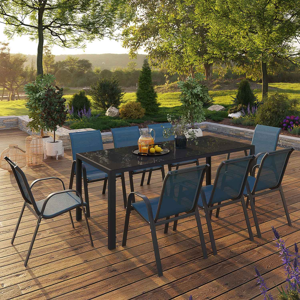 IDMarket Salon de jardin table 190cm et 8 chaises empilables bleu canard