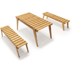 Mobili Fiver Ensemble de jardin Elena en bois Couleur Teck, Table (160x80) et 2 Bancs de trois places